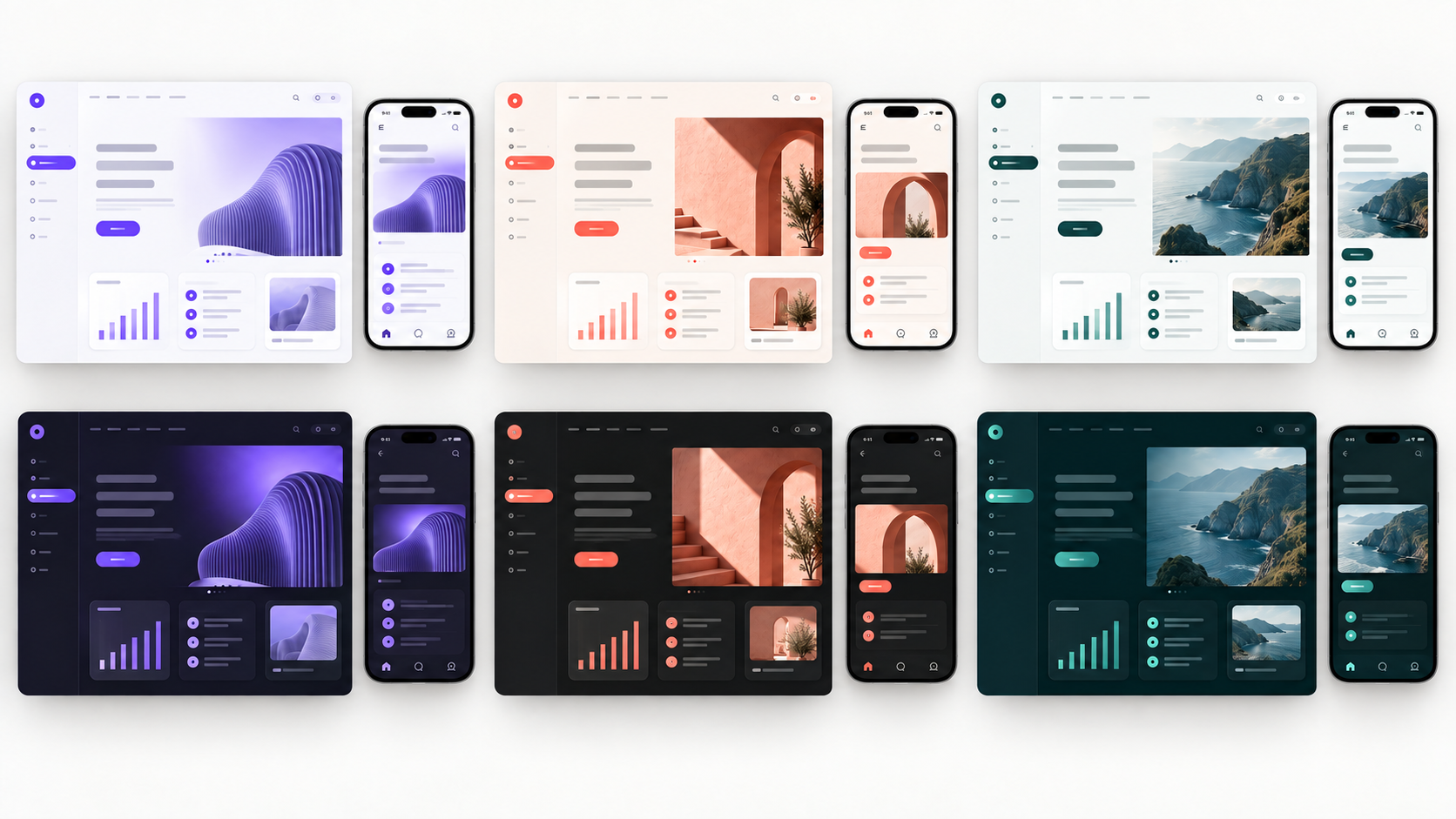 Illustrative brands across light and dark themes on web and mobile