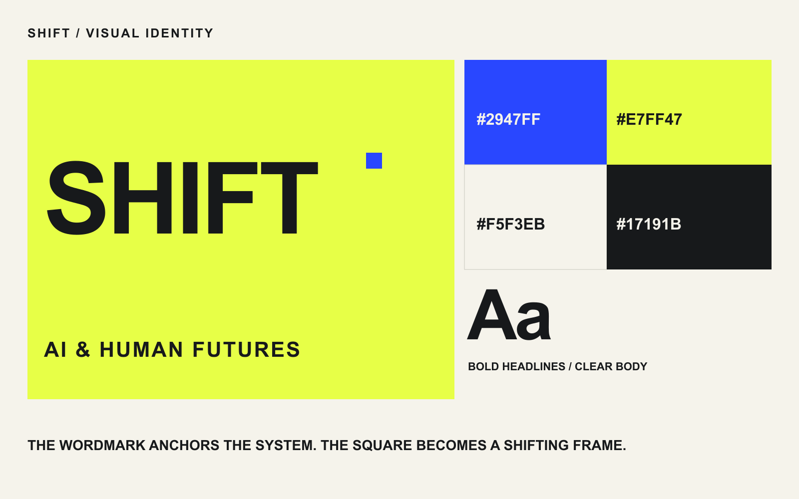 SHIFT visual identity board showing the wordmark, four-colour palette, typography and modular frame.