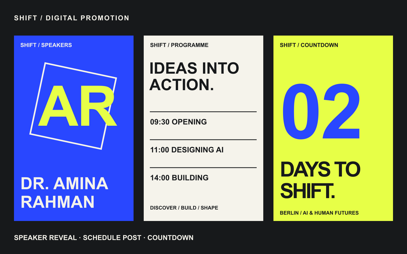 SHIFT digital promotion concepts: speaker reveal, programme post and countdown.