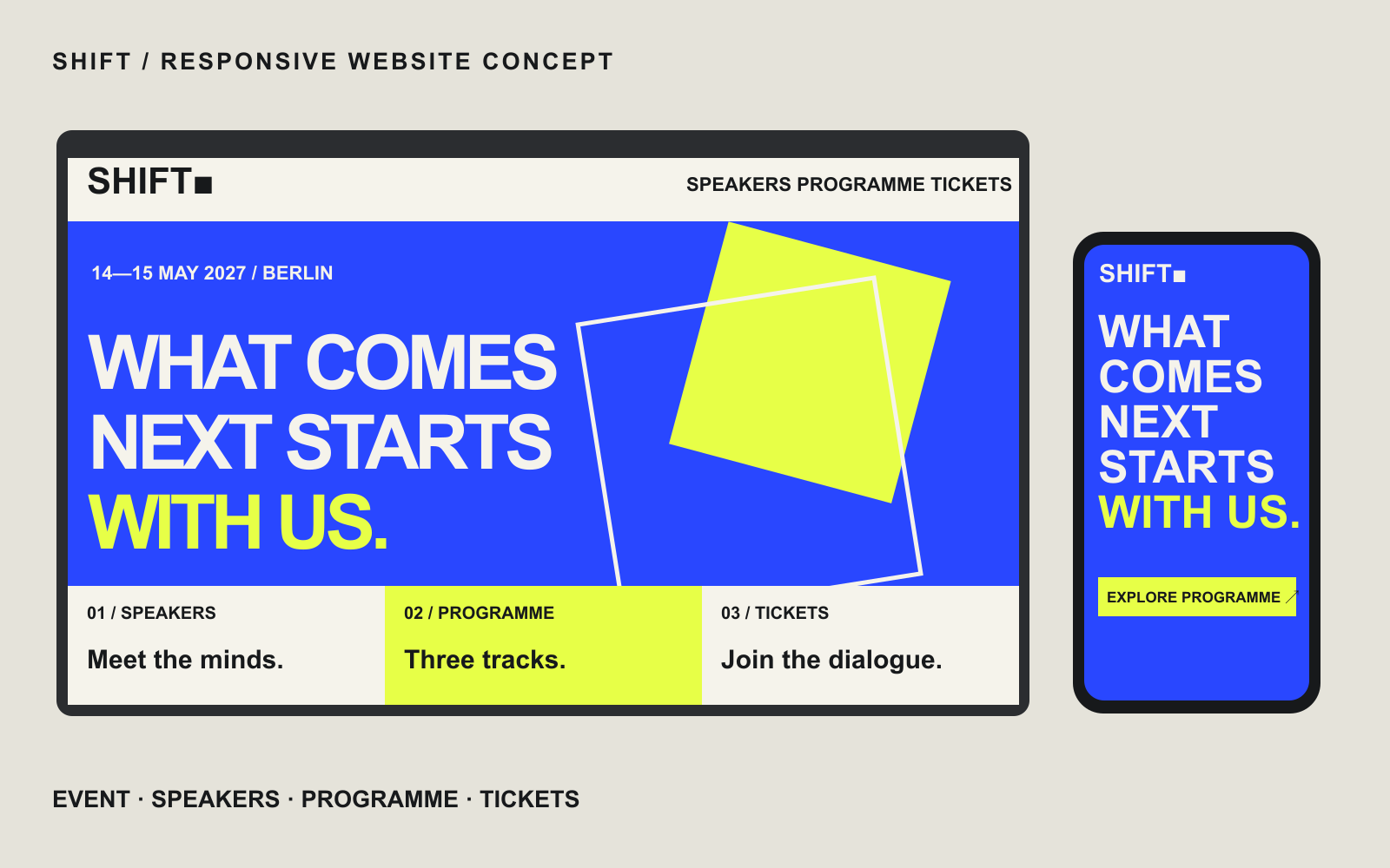 SHIFT responsive website concept shown on desktop and mobile screens.