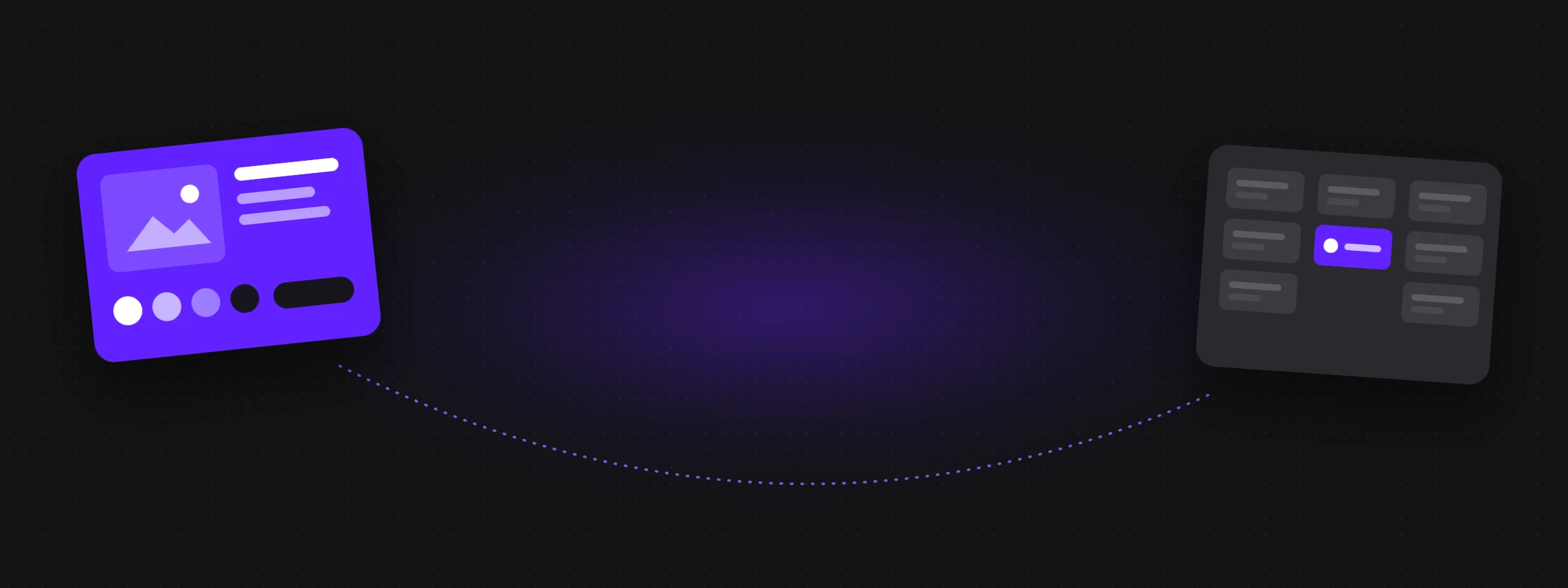 Dark header graphic with a purple design card and a task board card
