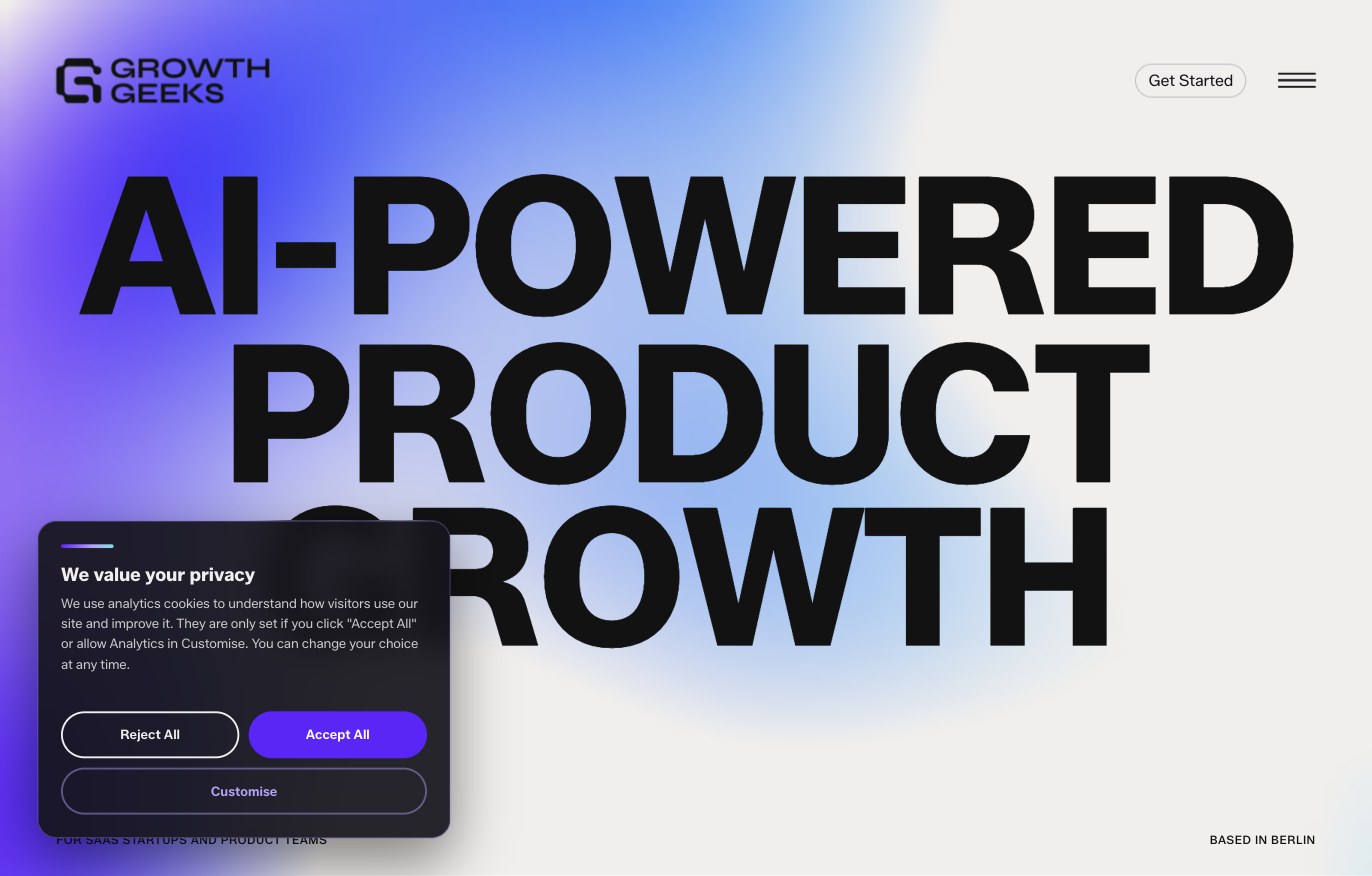 The Growth Geeks homepage with the branded cookie banner in the bottom-left corner, offering Reject All, Accept All and Customise.