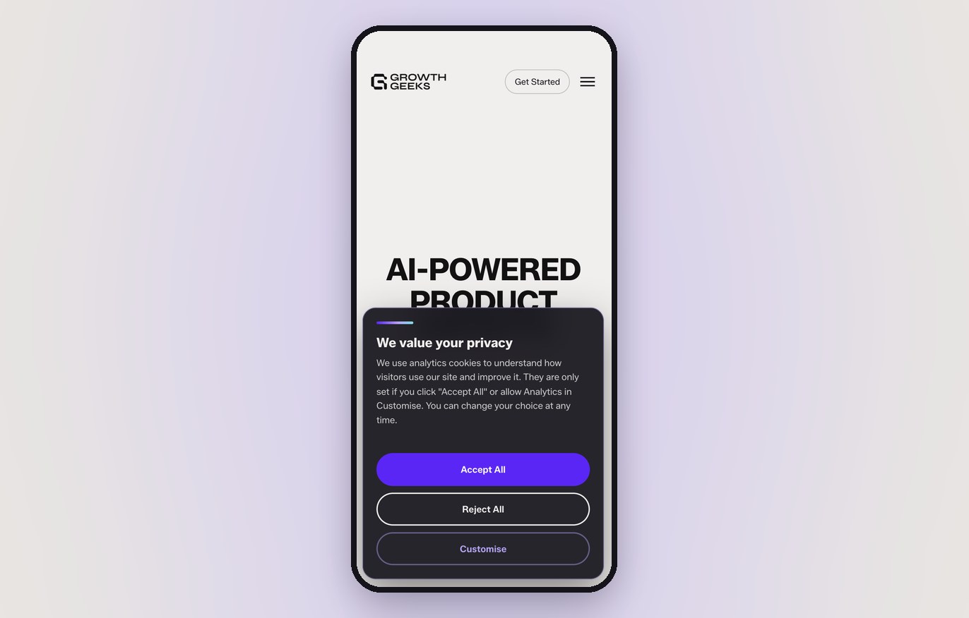The cookie banner on a phone, with full-width Accept All, Reject All and Customise buttons.