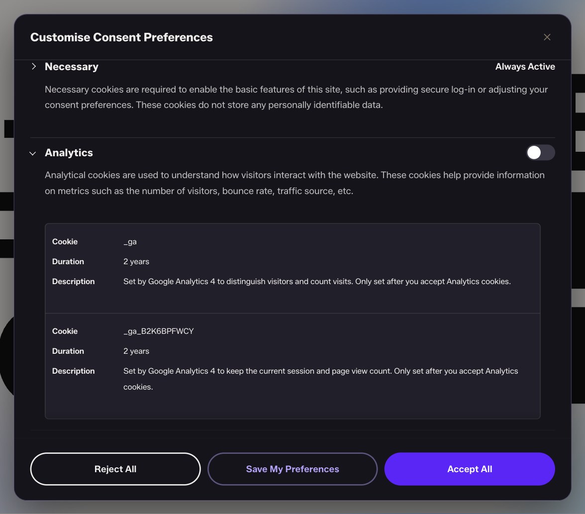 The cookie settings panel listing Necessary and Analytics cookies, with Analytics switched off by default.