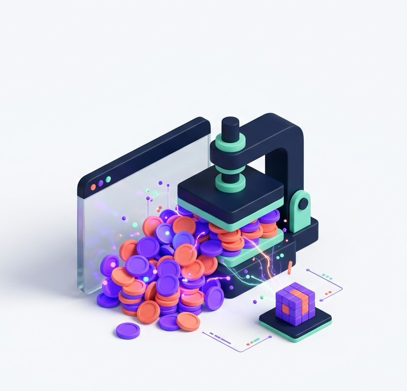 Isometric illustration of a glass terminal with a pile of glowing tokens compressed by a press into a small cube