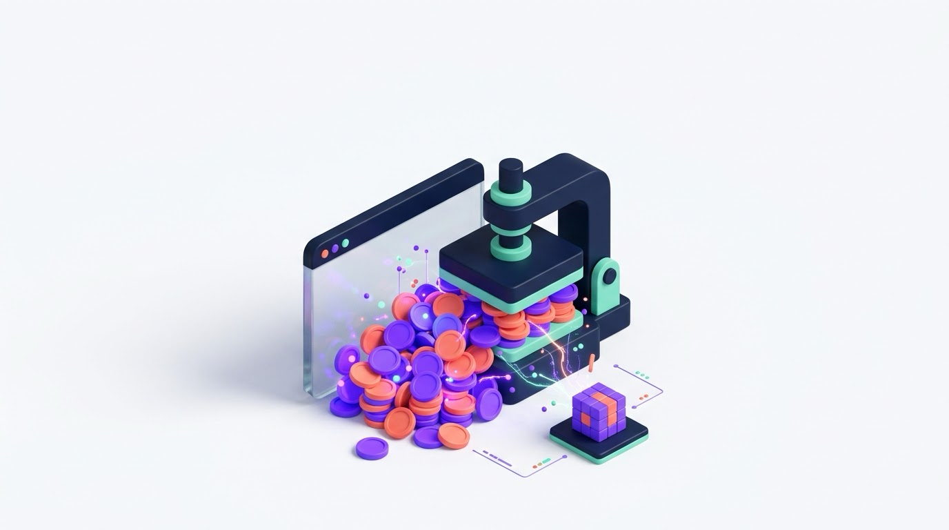Isometric illustration of a glass terminal with a pile of glowing tokens compressed by a press into a small cube