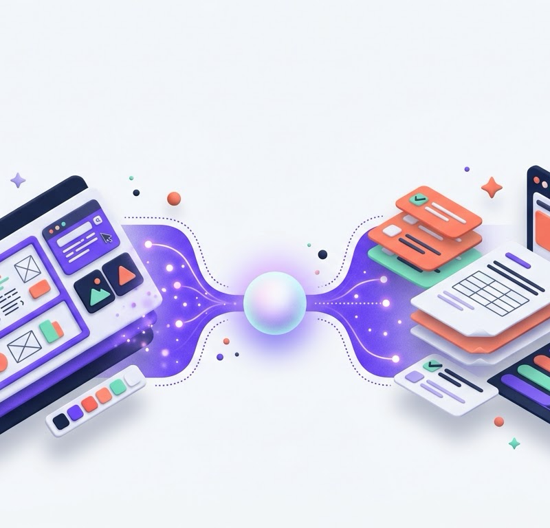 Isometric illustration of a design canvas connected through a glowing orb to task cards and a document