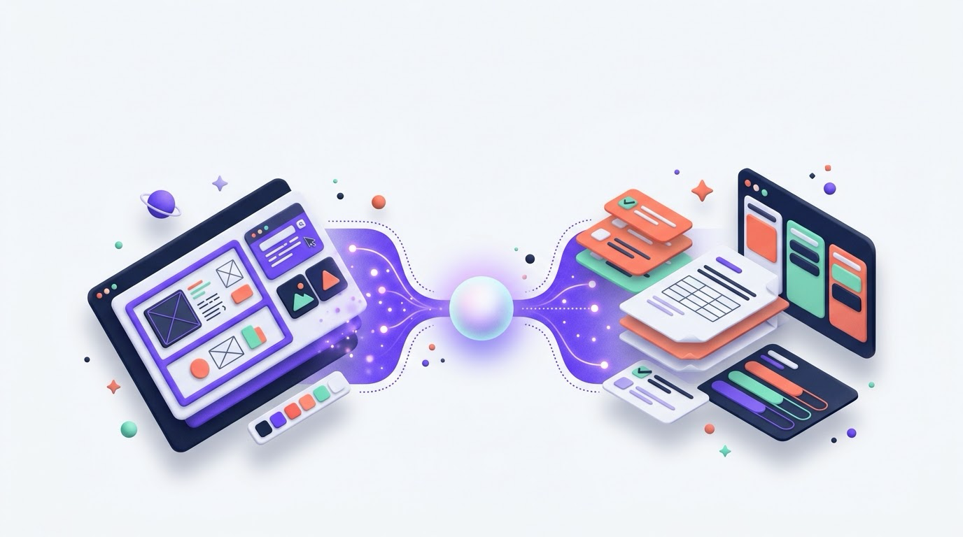 Isometric illustration of a design canvas connected through a glowing orb to task cards and a document